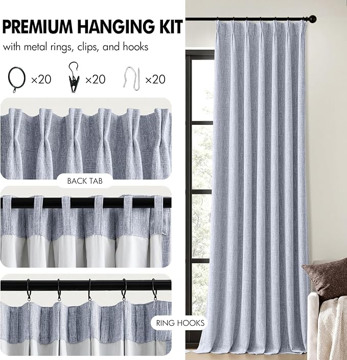 MIULEE Chambray Blue Pinch Pleated 100% Blackout Curtains 40x90 Inches | Room - Image 8