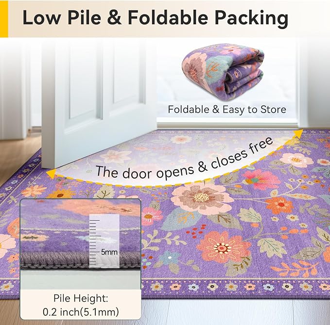 Floral Washable 2x10 Area Rugs Runner Entryway Hallway Purple/Pink | Flower - Image 4