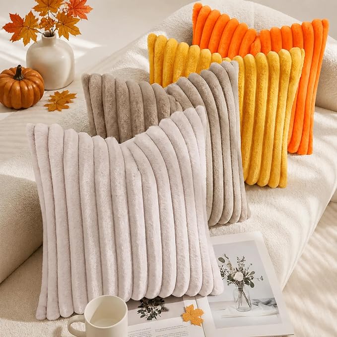 decorUhome Fall Faux Fur Throw Pillow Covers 22x22 Set of 2 Orange | Decorative - Image 5