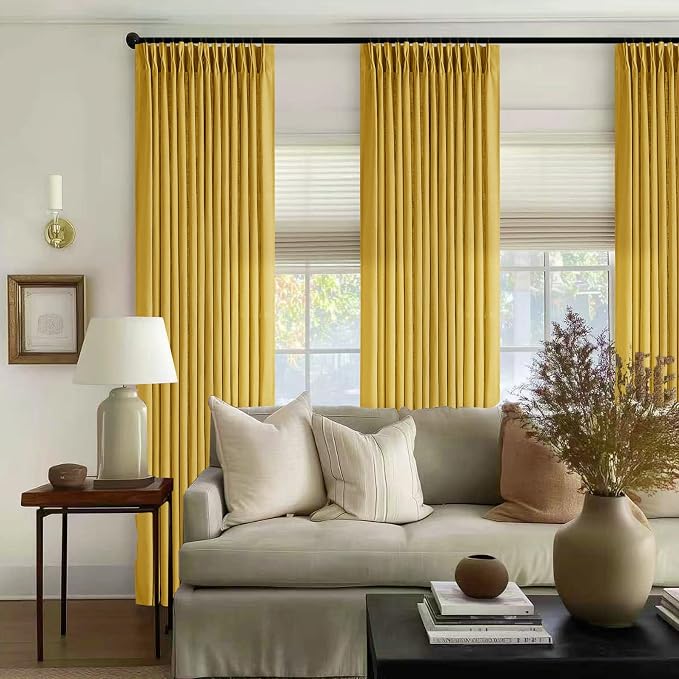 Mustard Yellow Pleated Semi Sheer Linen Curtains 120 Inches Long 2 Panel | - Image 6