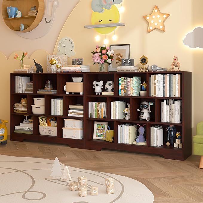 Book Shelf Set of 2, 10 Cubes Storage Organizer, 3-Tier Open Bookshelf Wooden Bookcase, Freestanding Cherry Bookshelf Cube Shelf for Living Room