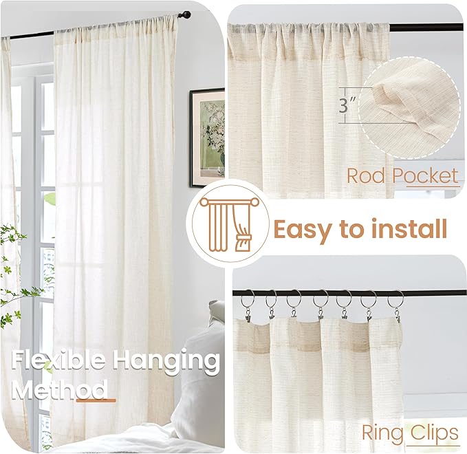 BGment Beige Linen Semi Sheer Curtains 42X40 Inch Length 2 Panels | Cream Light - Image 6