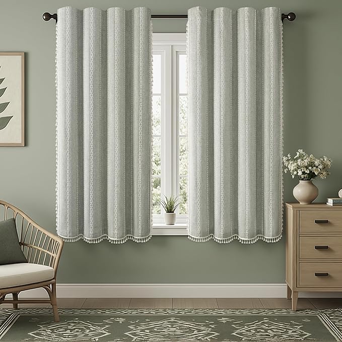 Boho Blackout Curtains 63 Inches Long Sage Green Linen Blend 2 Panels by Unknown