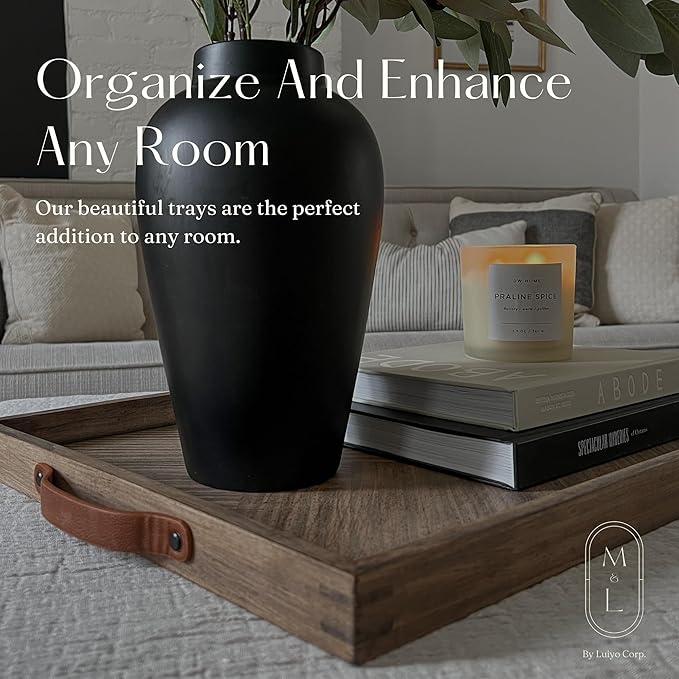 Medium Ottoman Wood Serving Tray- with Leather Handle Decorative Wooden 24 * 16 * 1.5 Inches Square Serving Tray Best for Coffee Table, Living Room and Kitchen