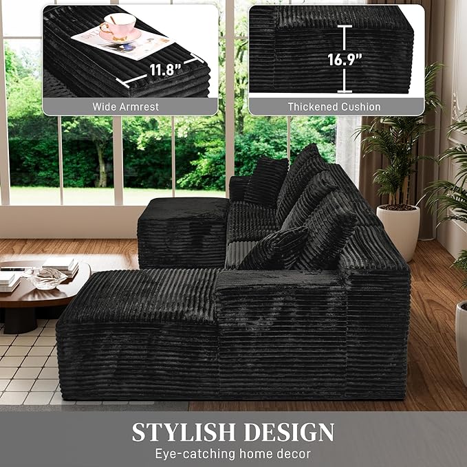 Modular Sectional Sofa Cloud Sectional Couch, 107" Comfy Fluffy U Shaped Black Couches for Living Room, Deep Seat Memory Foam Plush Corduroy Boneless Couch Sectionals with Right Facing Chaise Sofa