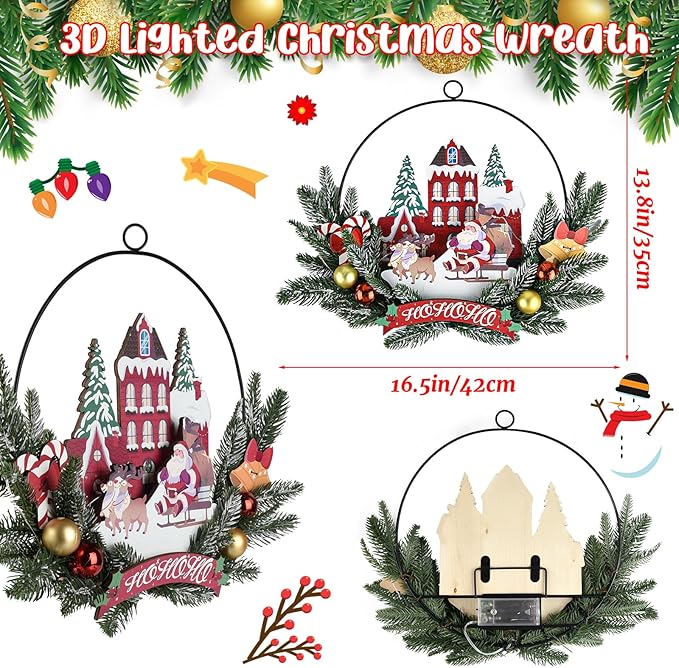 Light up Christmas Wreaths for Front Door, Welcome Metal Wooden Door Wreath Decor Hanging Sign, 30 LED Lighted Wall Decor Battery Operated for Halloween Indoor Outdoor (Santa Claus)