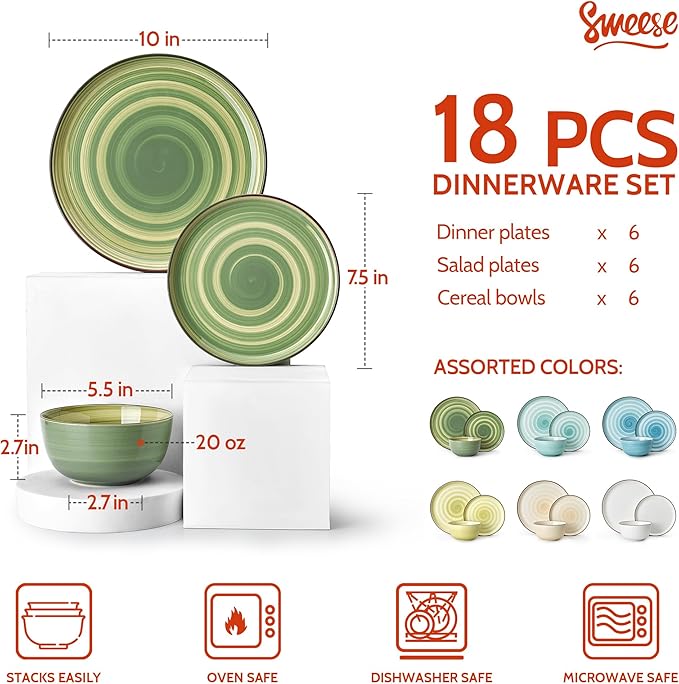 Sweese Plates and Bowls Sets, 18 Piece Dinnerware Set Porcelain Round Dinner Set for 6, Scratch Resistant Dishes Set, Dishwasher and Oven Microwave Safe Handpainted Swirl Dishware Sets, Assorted Green