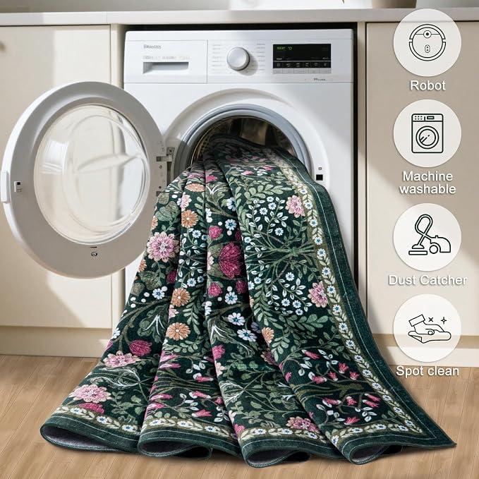PLHXFR 3x10 Washable Runner Rug：Floral Indoor Kitchen Carpet Dark Green | - Image 8