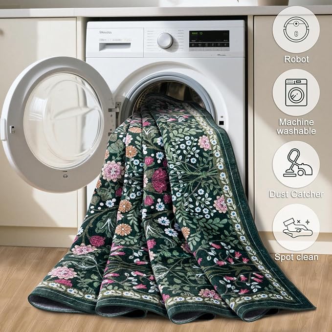 PLHXFR 2x3 Small Entryway Rug: Floral Washable Indoor Carpet Dark Green | - Image 6