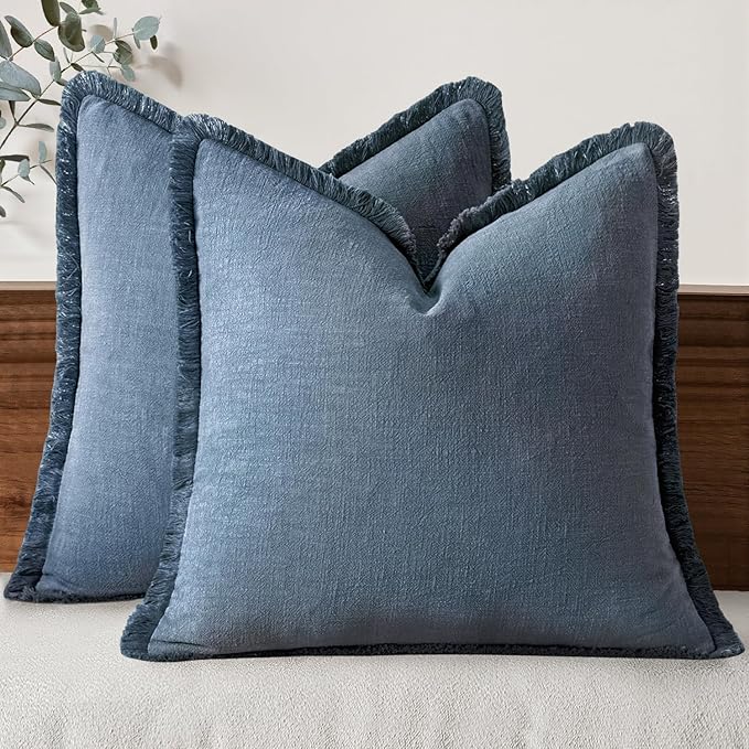 MIULEE Boho Linen Fringe Decorative Throw Pillow Covers Blue Ashes 16x16 | Set by MIULEE