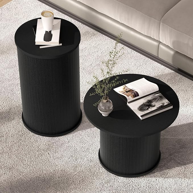 Set of 2 Round Nesting Coffee Tables for Living Room, Fluted Circle Black Wood Coffee and End Table Sets for Apartment, Small Spaces, Bedroom, Modern Style, Easy Assembly & Maintenance