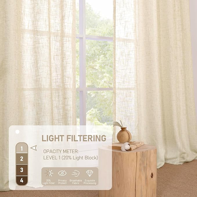 63 Inches Long Linen Curtains for Bedroom 2 Panels Set, Light Filtering Panels - Image 4
