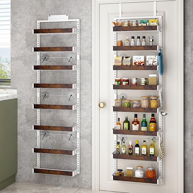 bukfen Over the Door Pantry Organizer, 8-Tier Adjustable Wooden Basket Kitchen Pantry Door Organization and Storage, 2 in 1 Wall Mount or Hanging Heavy-Duty Metal Hanging Kitchen Spice Rack,White