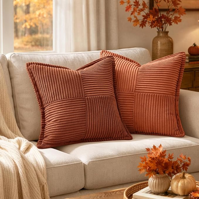 MIULEE Rust Fall Corduroy Decorative Euro Sham Pillow Covers 24x24 Inch - Image 2