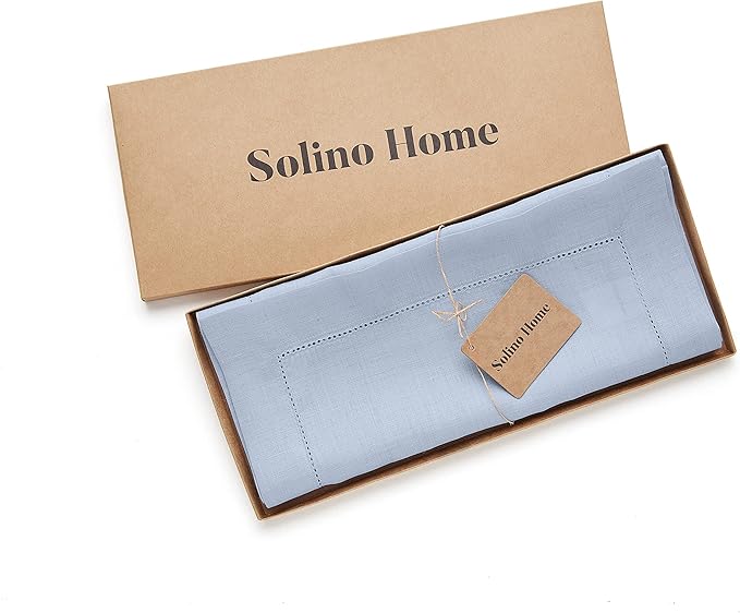 Solino Home Sky Blue Table Runner 90 Inches Long - 100% Pure Linen Hemstitch 14 x 90 Inch Table Runner for Dining - Classic Hemstitch