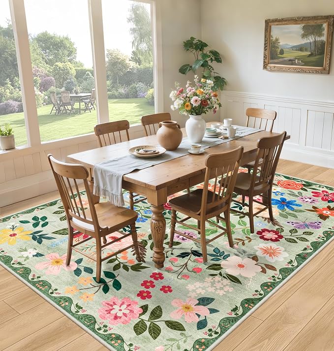 PLHXFR 6x9 Area Rug Living Room: Floral Washable Boho Soft Carpet Green | - Image 4