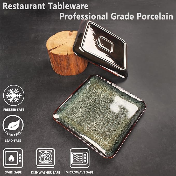 Ceramic Dinner Plates Dish Set, Set of 4, Microwave Oven and Dishwasher Safe, Scratch Resistant, Dinnerware Kitchen Porcelain Serving Dishes 9 inch Square plate