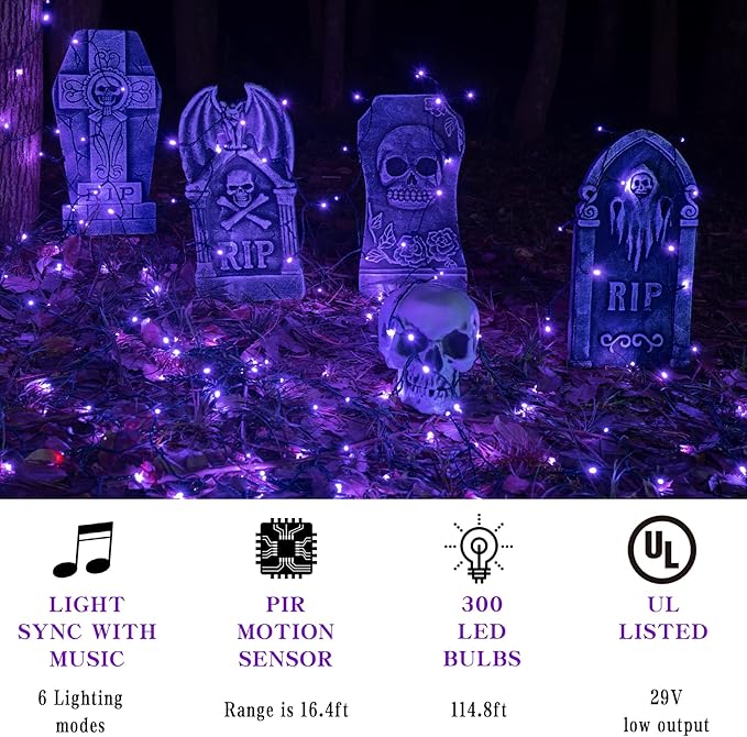 Rotu Halloween Lights Outdoor 114.8 ft 300 LED String Lights with Music Sync Spooky Sounds Halloween Decorations Fairy Lights Indoor Waterproof for Yard Porch Haunted House Decor (Purple)