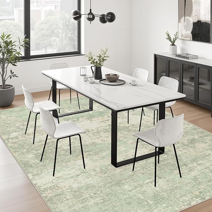 6x9 Area Rug Living Room: Modern Washable Soft Carpet Green Cream | - Image 4