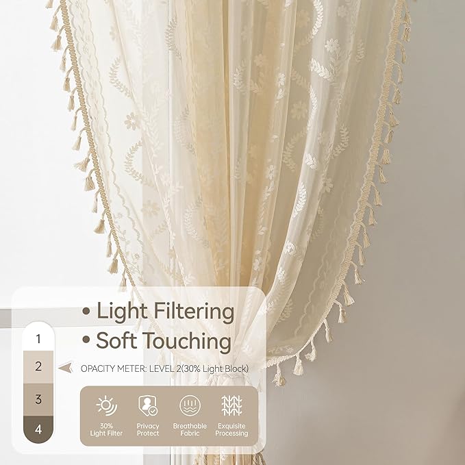 WAZZIO Boho Lace Curtains 2 Panels 63 Inches -Cute Vintage Victorian Sheer - Image 5