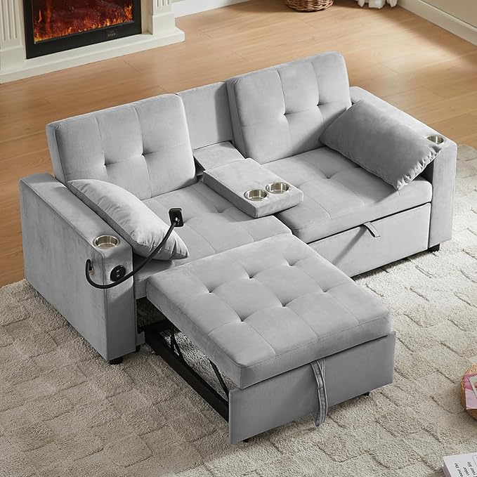 70" Queen Size Sofa Bed for Living Room – Pull-Out Sleeper Sofa Couch with Cup Holder, Phone Holder, USB Charging Port, Solid Wood Frame, Easy Assembly, Space-Saving Design for Small Apartments