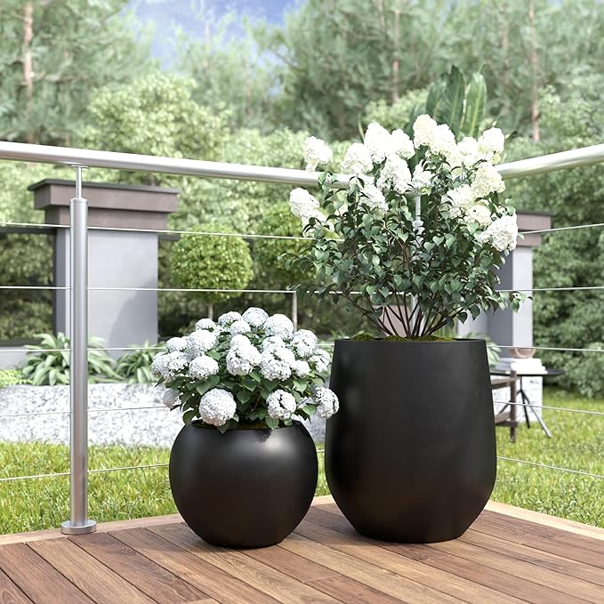 DTY Signature Mount Sherman Lightweight Durable Modern Fiberstone Sphere Planter for Indoor & Outdoor Drainage Hole & Rubber Plug Weather Resistant, 17" H x 21" Dia 14.4" Pot Opening - Large, Black