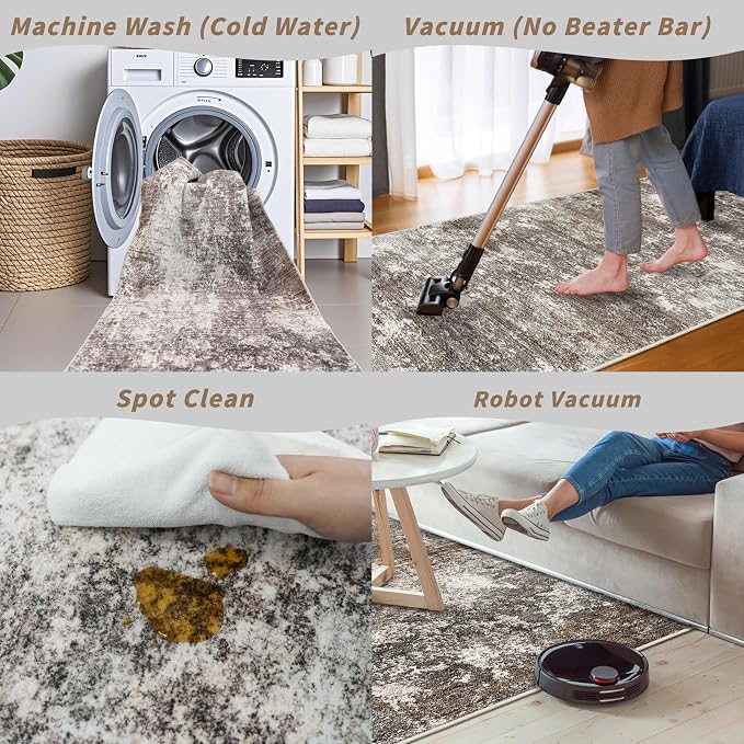 8x8 Square Living Room Area Rug – Washable Modern Neutral Abstract Indoor Rug - Image 6