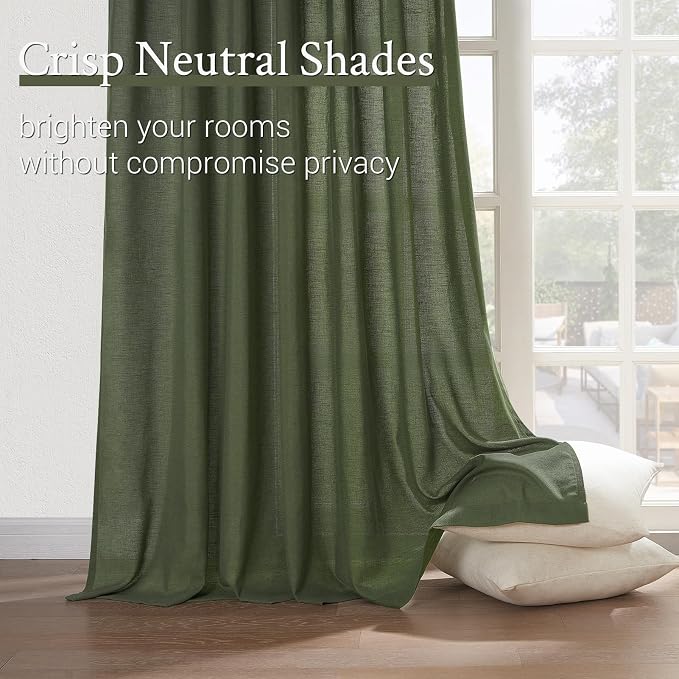 Topfinel 96 Inches Long Pinch Pleated Semi Sheer Curtains, Olive Green Linen - Image 3