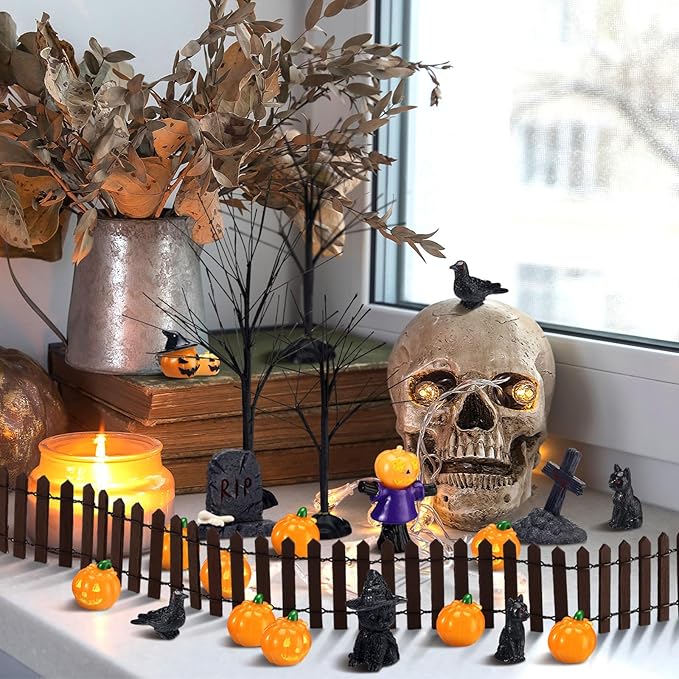 Wesiti 30 Pcs Halloween Village Accessories Set Miniature Halloween Figurines Village Trees Cat Pumpkin Tombstones Figurine Horror Miniature Accessories for Garden Decor
