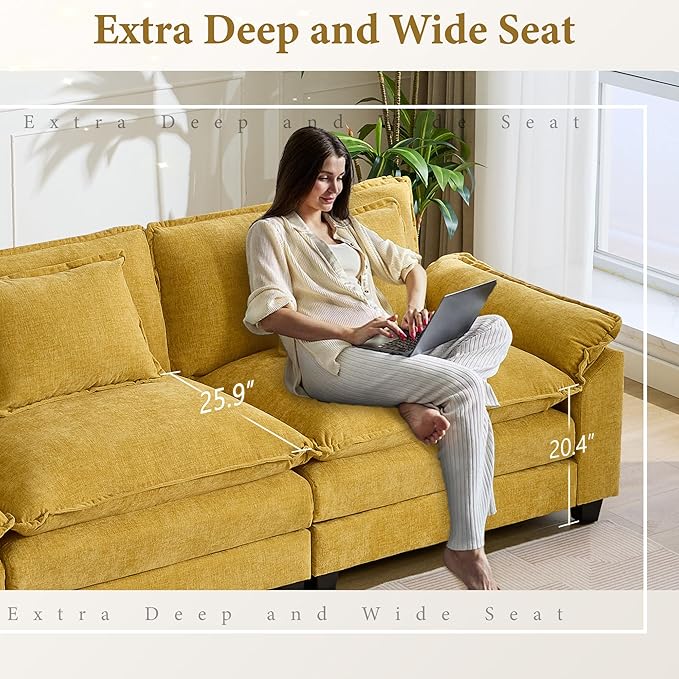 URRED Modular Sectional Sofa Comfy Cloud Couch, Modern Chenille Sofa Sleeper Deep Seat Couches with Ottoman/Pillows for Living Room (Yellow, 53'')