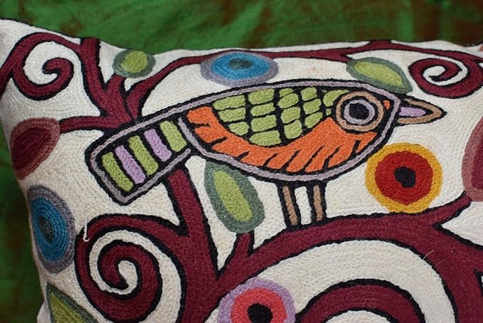 Lumbar Klimt Modern Pillow Cover | Cream, Multicolor Tree of Life, Birds, Floral Suzani Floral Pattern | 14" x 20" | 1 Count