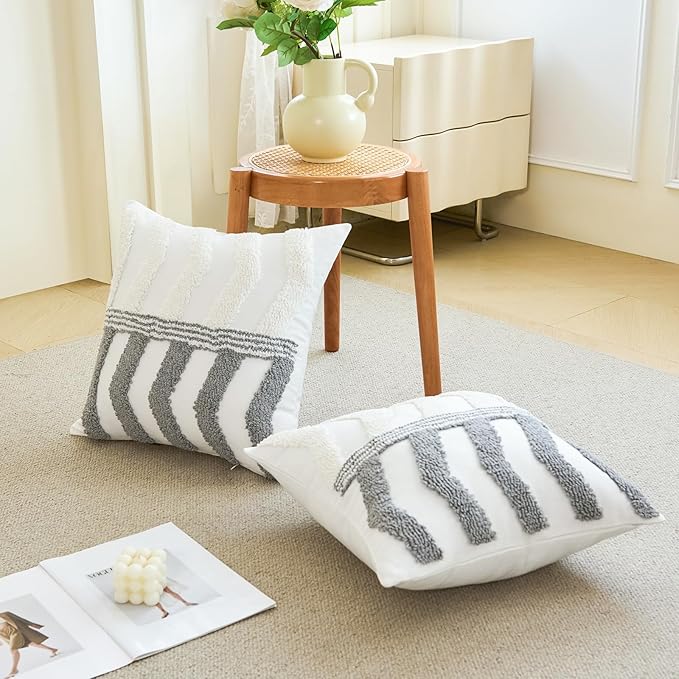 HOdo Home 18x18 Throw Pillow Covers, 2PCS Tufted Boho Jacquard Pillow Covers,Farmhouse Decorative Pillow Cover,Pillow Cases for Couch Sofa Bed Stylish Decor, Simple Textured Cushion Sham