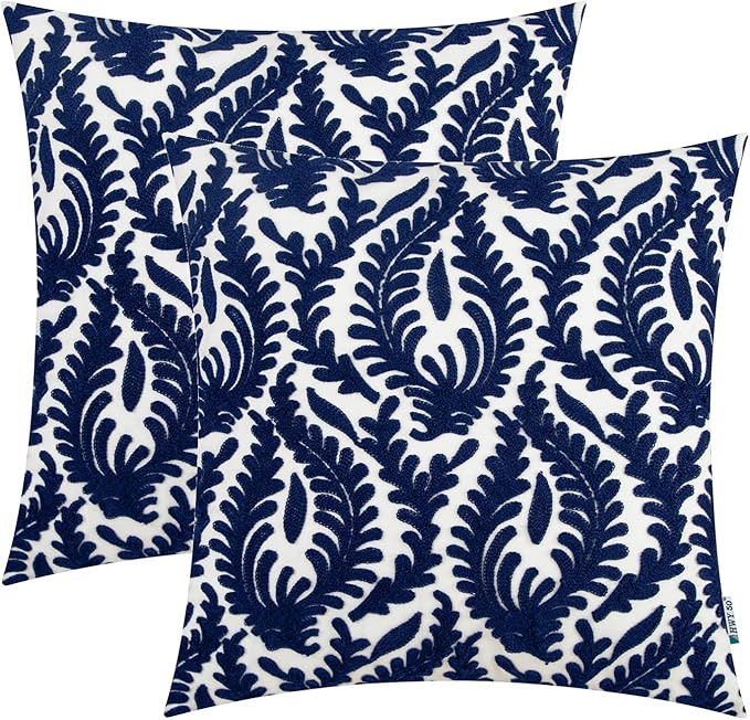 HWY 50 Navy Blue Decorative Throw Pillow Covers 18x18 Inch, Pack of 2 Embroidered Cotton Farmhouse Cushion Cover Pillow Case for Sofa Couch Living Room Bed Bedroon, Accent Branches