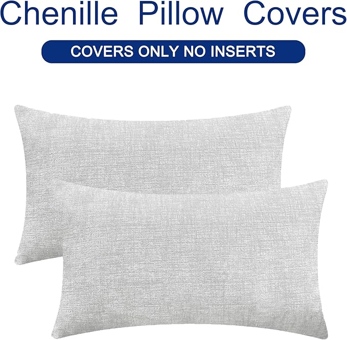 CaliTime Throw Pillow Covers Decorative 12 X 20 Inches Pack of 2 Cozy Chenille Cushion Cases for Couch Sofa Bed Living Room Home Moonbeam Gray