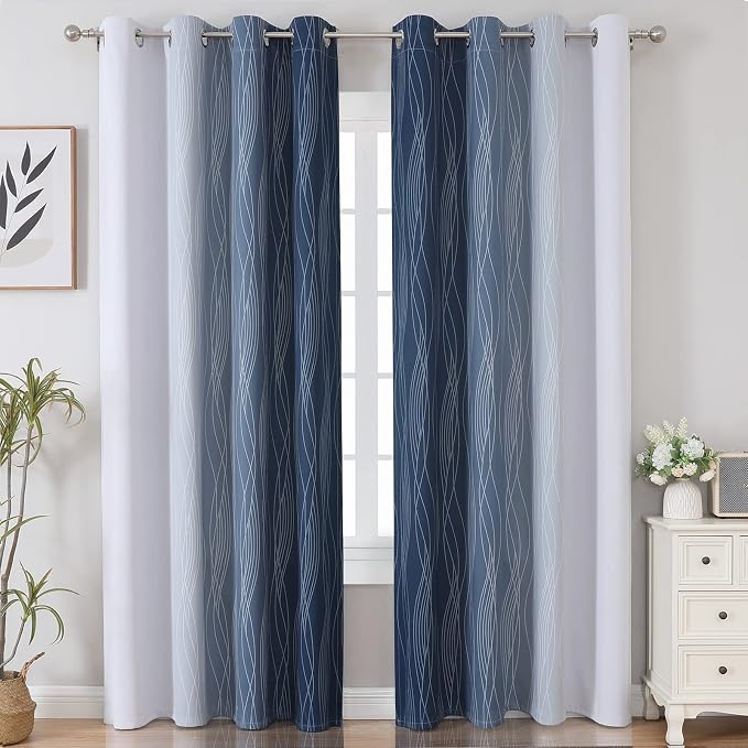 Estelar Textiler Greyish White and Navy Blue Blackout Curtains 96 Inches Long - Image 2