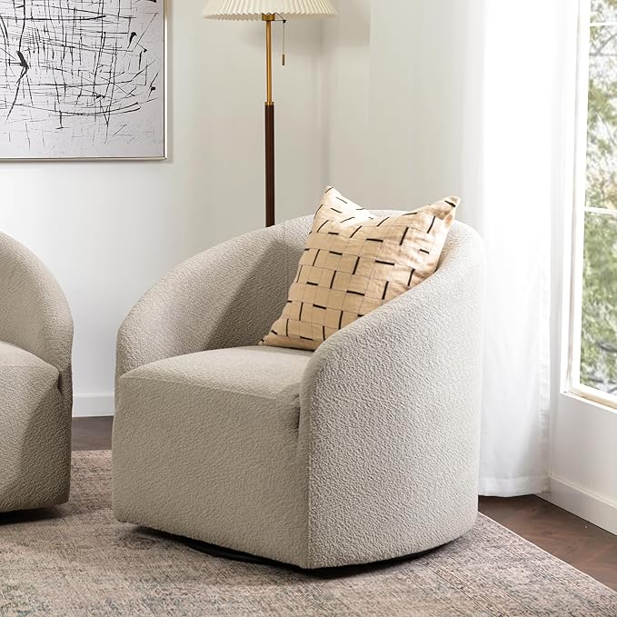 KINWELL 32" Wide Modern Boucle Swivel Barrel Chair, No Assembly Round Upholstered Swivel Accent Armchair for Living Room, Bedroom, Office (Oatmeal)
