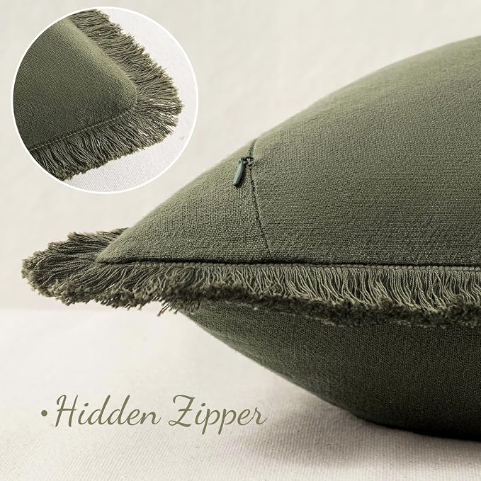 MIULEE Linen Fringe Decorative Euro Throw Pillow Covers Olive Green 22x22 | Set - Image 3
