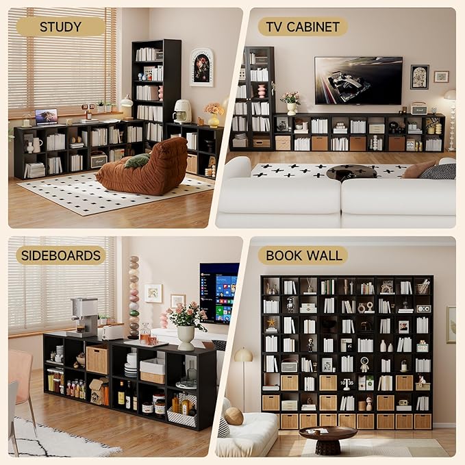 6 Cube Storage Organizer, Black Bookshelf with Storage, 2 Tier Storage Cubes, Freestanding Storage Organizer with Shelves for Living Room, Study