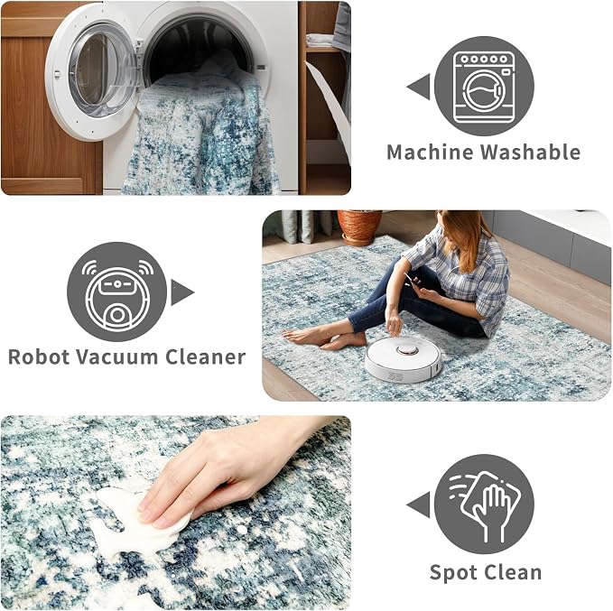 Machine Washable Runner Rugs 3x7 Modern Abstract Rug Ocean Mist | Stain & Spill - Image 5