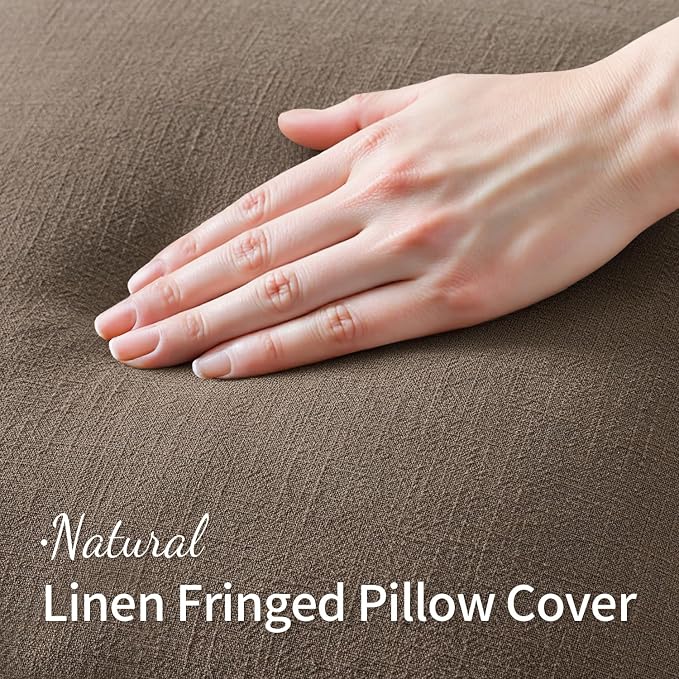 MIULEE Linen Fringe Decorative Fall Euro Pillow Covers Cocoa Brown 22x22 | Set - Image 2