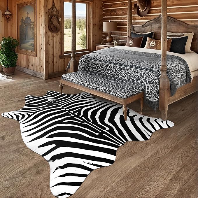Faux Zebra Rug, Zebra Print Rug Animal Hide Rugs, 4.6 x 5.2 Ft Black | Premium - Image 7
