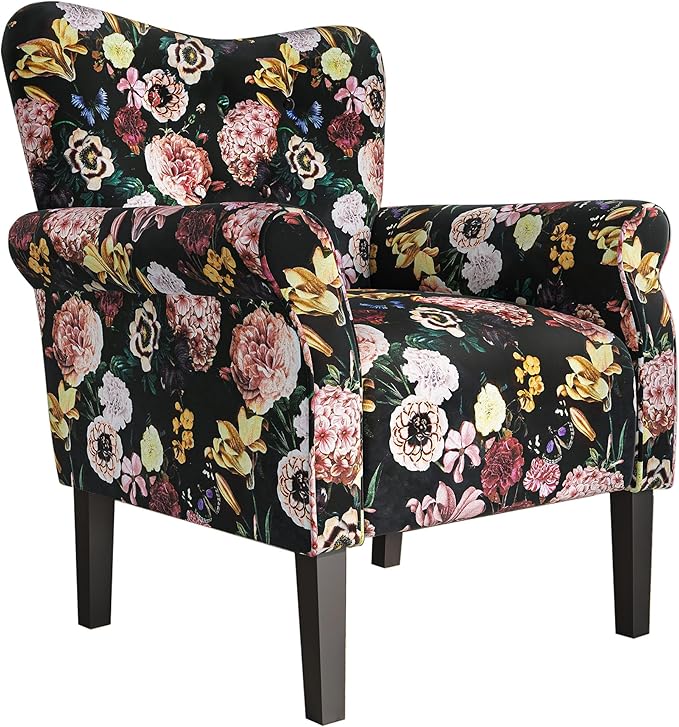 BELLEZE Modern Accent Chair for Living Room, High Back Linen Armchair with Wooden Legs, Upholstered Wingback Side Chair Padded Armrest Single Sofa for Living Room, Bedroom - Allston (Black & Flower)