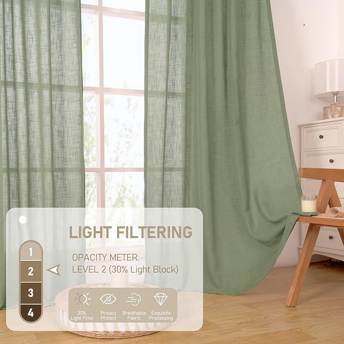 Semi Sheer Linen Curtains 54 Inch Long 2 Panels, Sage Green Light Filtering - Image 4