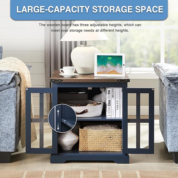 Farmhouse End Table with Charging Station,24" Large Side Table with Glass Barn Door, Rustic Wood Nightstand Bedside Table with Adjustable Storage Shelf for Living Room, Bedroom, Blue,2 Pack