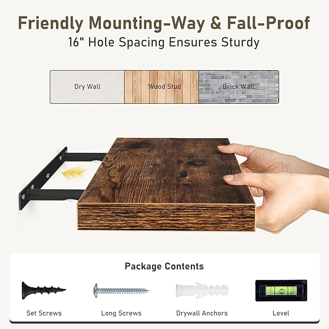 Fun Memories 36 x 8 Inch Floating Shelves for Wall, Farmhouse Bathroom Shelves Set of 2, Wood Wall Shelves 36 Inch Long, 36 x 8 x 1.4 Inch, Rustic Brown