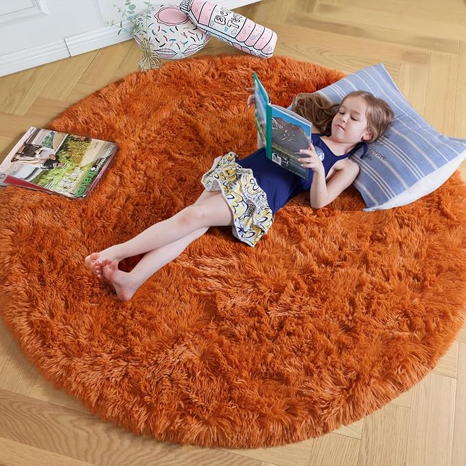 Amdrebio Burnt Orange Large Shag Round Area Rug 7Ft by Amdrebio