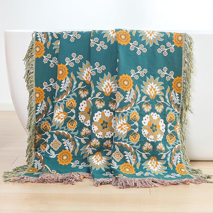 Boho Throw Blanket for Bed,100% Cotton Ultra Soft Lightweight Muslin 4-Layer Breathable Woven Throws 90''x 98'' Blanket Yellow Floral Printed Farmhouse Decor Bed Blankets