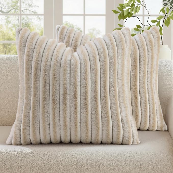 decorUhome Fall Faux Fur Throw Pillow Covers 18x18 Set of 2 Beige White | by decorUhome
