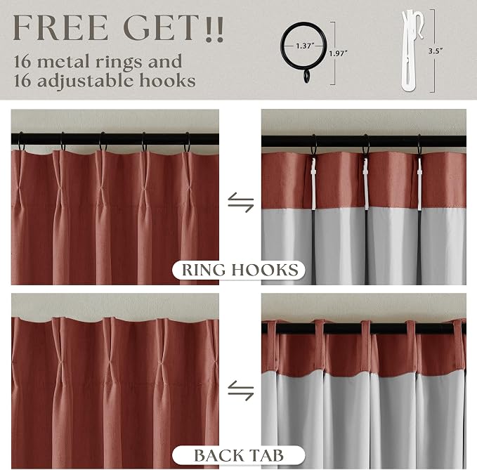 Terracotta Pinch Pleated Blackout Linen 80 Inch Window Curtains 2 Panels | 100% - Image 6