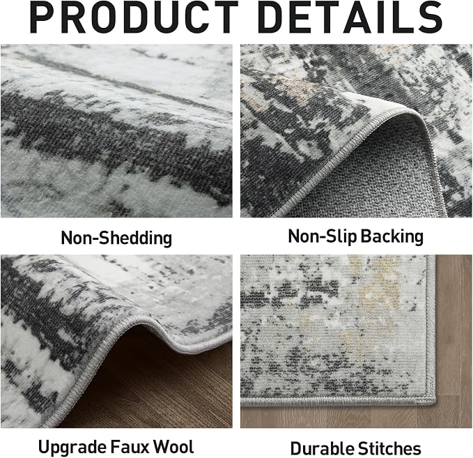 4x6 Area Rugs for Living Room: Washable Abstract Black Grey Gold Carpet | - Image 5